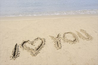 I Love You written in the sand, beach, Camargue, Provence, South of France