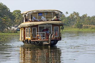 Traditional houseboat on Lake Vembanad, canal system of the backwaters, Kerala, India, Asia