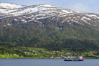 Mountains and Fiord over Norwegian Village, Olden, Innvikfjorden, Norway, Europe