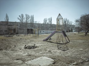 Playground in a residential neighbourhood close to the front, Kupyansk, Kharkiv Oblast, Ukraine,