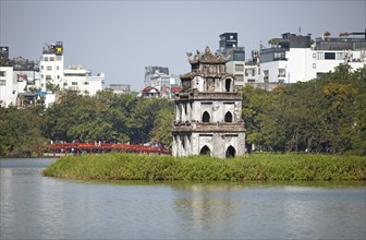 Turtle Tower and Huc Bridge (red bridge) on Hoan Kiem Lake, Hanoi, Vietnam, Asia