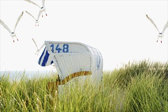 Beach chair in the dunes by the sea, Amrum, North Frisian Islands, Schleswig-Holstein, Germany,