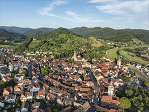 The old town centre of Gengenbach, on the right the river Kinzig, aerial view, Ortenaukreis,