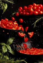 Flying tomatoes, whole and sliced, splash effect in tomato sauce surrounded by basil and rosemary,