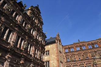 Heidelberg castle ruins, destroyed in 1698, left Friedrichsbau, centre Gläserne Saalau, right