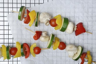 Colourful vegetable skewers, raw barbecue skewer