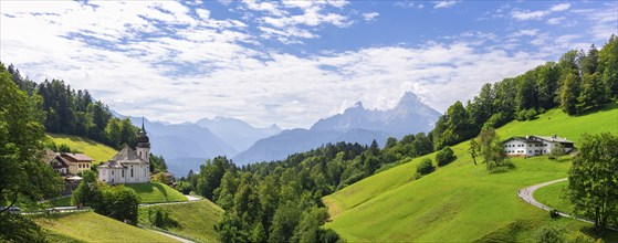 Maria Gern pilgrimage church, view of the Watzmann, farm, panorama, Berchtesgarden Alps,