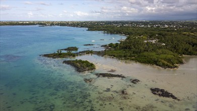 Bird's eye view of aerial view of lagoon and small islands at Cap Malheureux, Mauritius, Africa