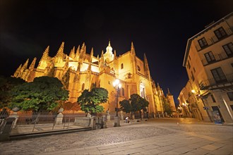 Cathedral of Nuestra Señora de la Asunción y de San Frutos in Plaza Mayor at night, Segovia,