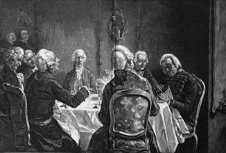 Frederick the Great and the sleeping Zieten at a table, Germany, Illustration from 1880,