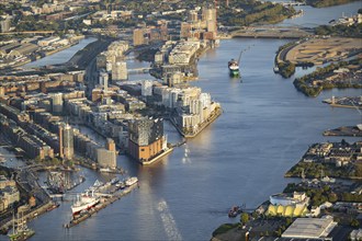 Aerial view of Hamburg harbour with Elbe, Elbphilharmonie, Speicherstadt, Hafen City,