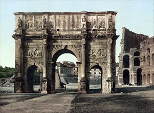 Arch of Constantine, three-towered triumphal arch in Rome, Italy, 1890, Historical, digitally