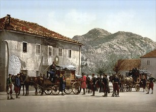 Arrival of the stagecoach in Cetinje, Montenegro, View from 1885, Historical, digitally restored