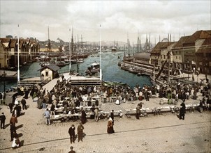 Fish market of Bergen, Norway, View from 1885, Historical, digitally restored reproduction from a