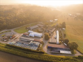 View from above of a farm with several buildings and fields in autumn, Gechingen, Black Forest,