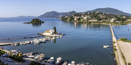 Vlacherna Monastery and Mouse Island in the Mediterranean panorama from above on the island of