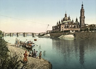 Zaragoza. Rio Ebro and Cathedral-Basilica of Our Lady of the Pillar, Spain, digitally restored