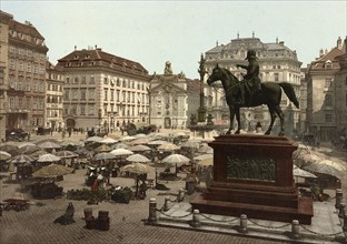 Am Hof, Vienna, Austria, with open air market and equestrian statue in foreground, digitally