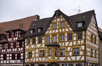 Historic half-timbered house, market square, old town, Fürth, Franconia, Bavaria, Germany, Europe