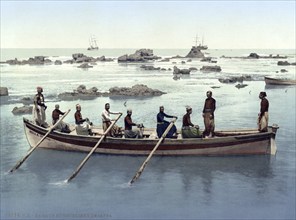 Boat and Boatmen of Jaffa, Israel, digitally restored reproduction from a 19th century original,