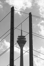 Pylon of the Rheinknie Bridge, view of the Rhine Tower, Düsseldorf, North Rhine-Westphalia,