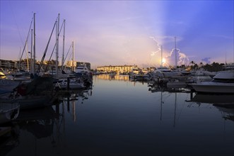 Mexico, Panoramic view of Marina and yacht club in Puerto Vallarta at sunset, Central America