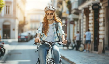 Happy young woman tourist is riding a bicycle on a European street with a smile on her face, AI