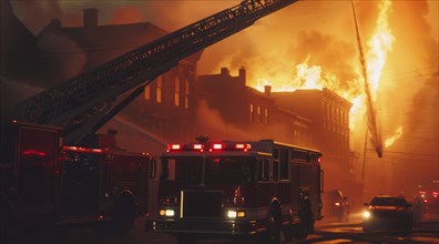 A fire truck on a street next to a burning house. Fireman and first responders extinguish the fire,