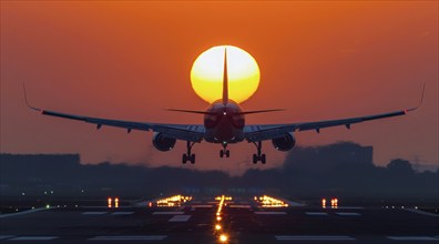 Plane landing at the airport with passengers and tourists returning from vacation, AI generated