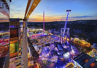 View from above from the Ferris wheel at the Cranger Kirmes in the evening, Herne, Ruhr area, North