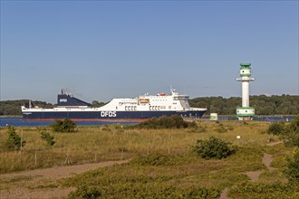 DFDS ferry, lighthouse, Friedrichsort, Kiel, Schleswig-Holstein, Germany, Europe