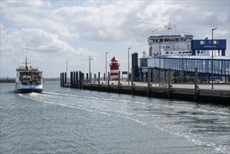 Ferry at the ferry terminal, Departing ferry, Harbour, Wyk, Föhr, North Sea island, North Frisia,