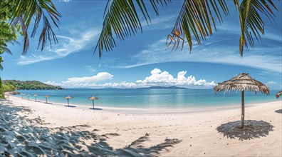 A beautiful beach with a palm tree in the foreground. Concept of relaxation, vacation and cruise,