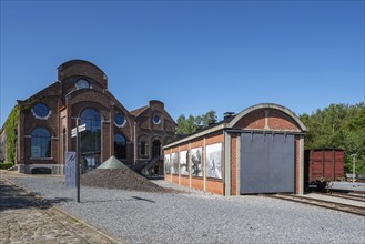 Locomotives' shed and mine buildings at Le Bois du Cazier, coal mining museum at Marcinelle near