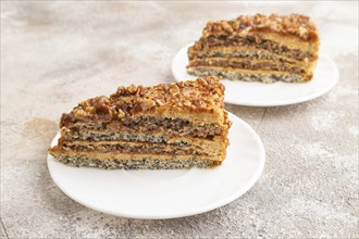 Walnut and hazelnut cake with caramel cream on brown concrete background. side view