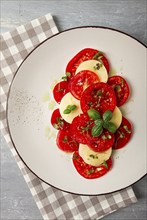 Caprese salad, Italian traditional dish, tomatoes with mozzarella cheese, basil and spices, top