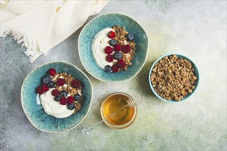 Breakfast, two bowls, yogurt, muesli with berries, and honey, homemade, no people