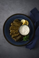 Dolma, cabbage rolls, grape leaves with filling, white sauce, lemon and herbs, rustic, selective