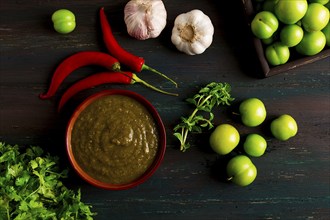 Tkemali sauce, traditional Georgian cuisine, green cherry plum, with ingredients for sauce,