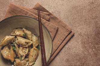 Japanese fried gyoza dumplings, with pork, sesame seeds, green onions