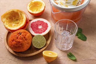 Citrus juicer, sliced fruit, glass with ice, close-up, no people, breakfast