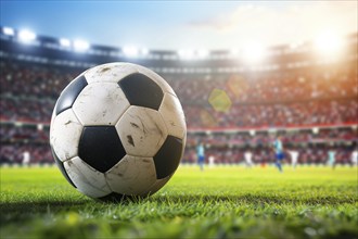 A soccer ball on a green field in soccer football stadium in evening on sunset with floodlights