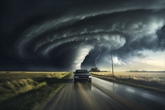 Disaster catastrophe storm concept, tornado in a field in the USA with car on road escaping tornado