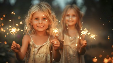 Cute children celebrating with fun sparklers. generative AI, AI generated