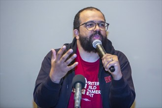 Chicago, Illinois, Greg Iwinski of the Writers Guild East speaks at the 2024 Labor Notes conference