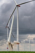 Demolition of the tower of a 20 year old wind turbine, in the Werl wind farm, 5 old Enercon E-66