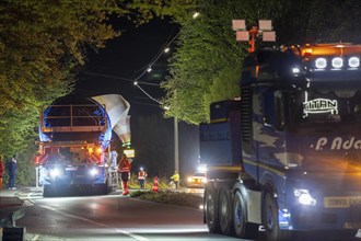 Transport of a 68 metre long, 22 tonne blade of a wind turbine, here in Schwelm, with a