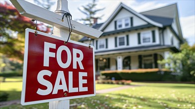 Home for sale real estate sign in front of house. generative AI, AI generated