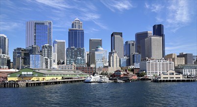 Panoramic view of Seattle Bell Harbor Marina and Seattle financial downtown skyline panorama