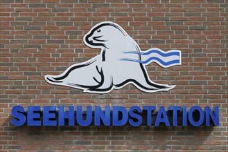 Seal centre, wall with lettering and logo, Norddeich, East Frisia, Lower Saxony, Germany, Europe